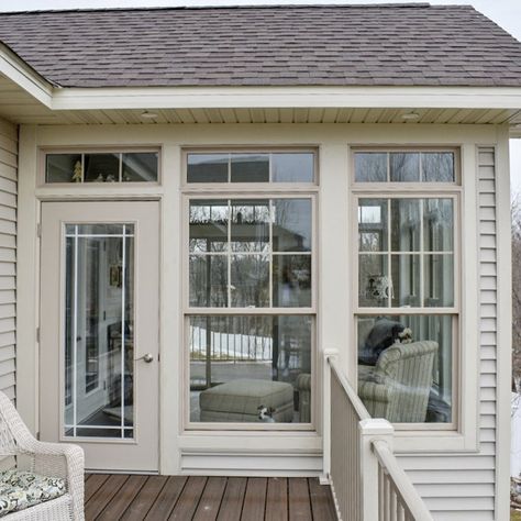 Four Season Porch Addition and Dual Decks - Rustic - Sunroom - Minneapolis - by LakeWood Homes & Remodeling | Houzz Four Season Porch, 3 Season Porch Ideas, Porch To Sunroom, Four Seasons Room Addition, Rustic Sunroom, All Season Porch, Rustic Deck, Four Season Sunroom, Sunroom Remodel