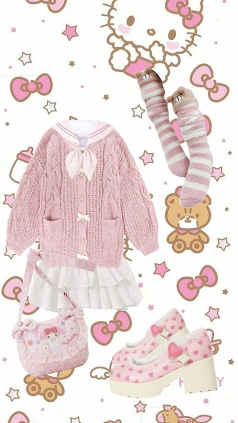 #kawaii #outfitinspo #kawaiioutfit #pink Just wanted to say that this isn't a fit I created! I made this shuffle based off another pin! Sanrio Outfits, Kawaii Clothes, Outfit Inspo, Pink, Kawaii