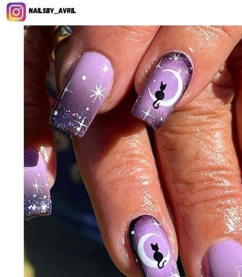 Purple Cat Nails, Cat Inspired Nails, Kitty Nails Design, Cat Nails Design, Cat Nail Art Designs, Cat Elements, Cat Nail Designs, Penguin Nails, Lux Nails