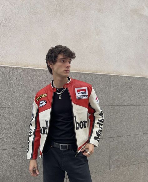 Biker Aesthetic Outfits Male, Moto Aesthetic Outfit, Race Outfits Men, Racing Leather Jacket Outfit, Racer Jacket Outfit Man, Racing Jacket Outfit Men, Racer Jacket Men, Ferrari Jacket Outfit, Moto Racer Jacket