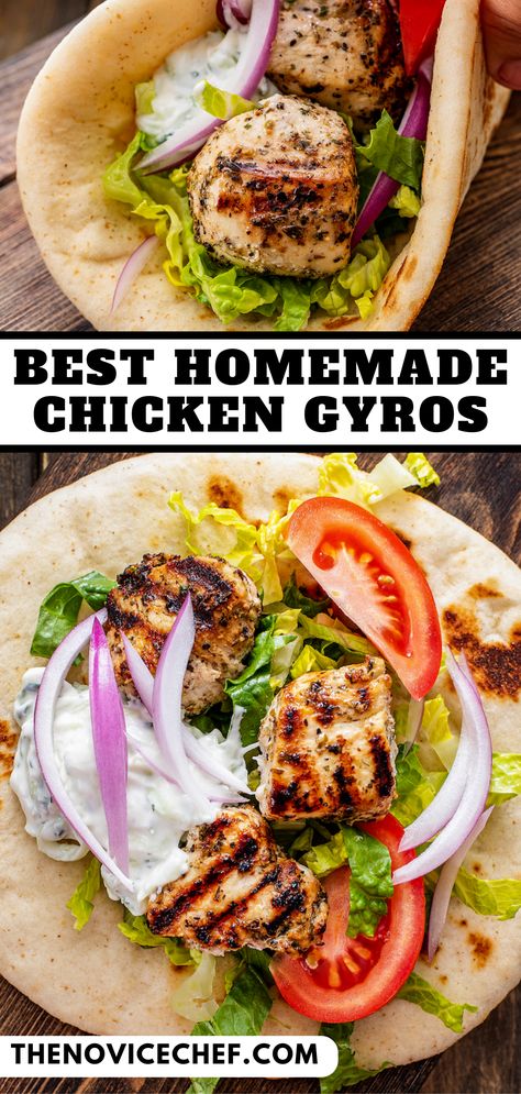 This chicken gyro recipe is packed with juicy marinated chicken, fresh vegetables, and creamy tzatziki sauce. You'll love this comforting Greek dinner! Gyro Sauce Tzatziki Greek Yogurt, Chicken Greek Gyro Recipe, How To Make Chicken Gyros At Home, Taziki Sauce Recipe Meals, Chicken With Taziki Sauce, Greek Wraps Chicken Tzatziki Sauce, Fish Gyro Recipe, Tziki Sauce Chicken, Greek Inspired Chicken