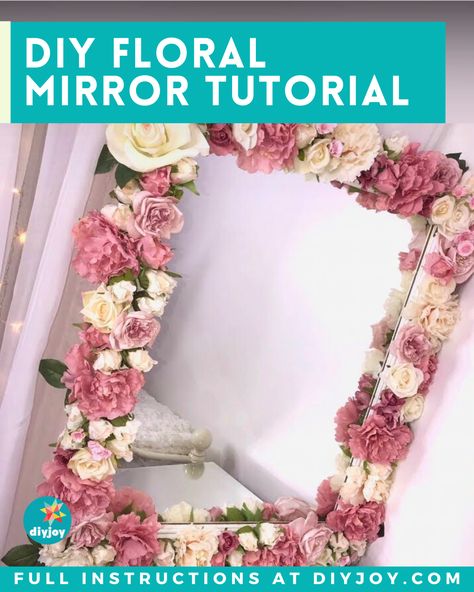 Have an old mirror you no longer use? Give it a new life with this beautiful DIY project idea. Find the instructions here. Diy Decorative Mirror Frames, Diy Mirror Makeover Ideas, Diy Mirror Frame Ideas Bedrooms, Mirror Diy Frame Ideas, Flower Mirror Diy, Full Length Mirror Diy, Diy Floral Mirror, Flower Mirror Frame, Diy Mirror Frame Ideas