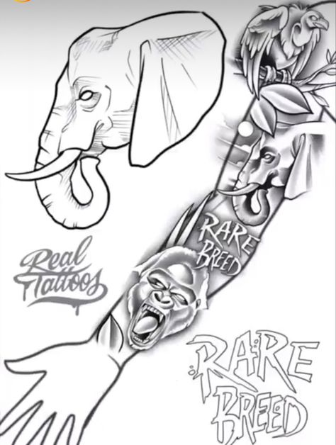 Elephant Sleeve Tattoo Men, Rare Tattoo Designs, Fill Up Tattoo Ideas, Black King Tattoo Men, A Different Breed Tattoo, Rare Breed Tattoo For Men, Shaded Elephant Tattoo, Elephant Quarter Sleeve Tattoo, Rare Breed Tattoo