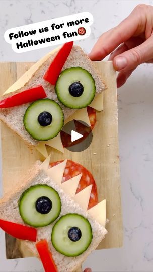 563 reactions · 17 shares | **Spooky sandwiches**

Sliced bread
Sliced cheese cut into zig zag teeth 
Salami
Cucumber
Pepper
Blueberry 

#halloween #halloweentime #halloweenparty #halloweenpartyideas #halloweenrecipes #kidshalloween #halloweenactivitiesforkids #craft_crumb | Kate & louise  Craft & Crumb | Gentle Jammers · Mysterious Spooky Sandwiches, Halloween Cucumber, Halloween Lunches, Sliced Cheese, Sliced Bread, Halloween Activities For Kids, Holiday Snacks, Halloween Food, Spooky Scary