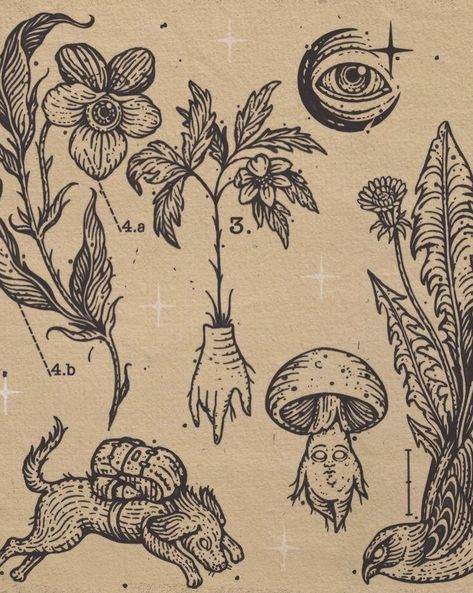 Woodland Half Sleeve Tattoo, Earthy Tattoo Designs, Weird Nature Tattoos, Engravement Tattoo, Dark Cottage Core Tattoos, Woodcut Tattoo Nature, Goblin Core Tattoo, Medieval Drawings Sketch, Engraving Tattoo Design