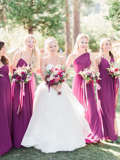 Bridesmaids in Magenta Maxi Dresses    #aislesociety #wedding #weddingphotos #bridesmaids #bridesmaiddress Magenta Wedding Colors, Colors Bridesmaid Dresses, Raspberry Bridesmaid Dresses, Dresses Images, Purple Flower Girl Dress, Champagne Collection, Magenta Wedding, White Bridal Gown, Wedding Colors Purple