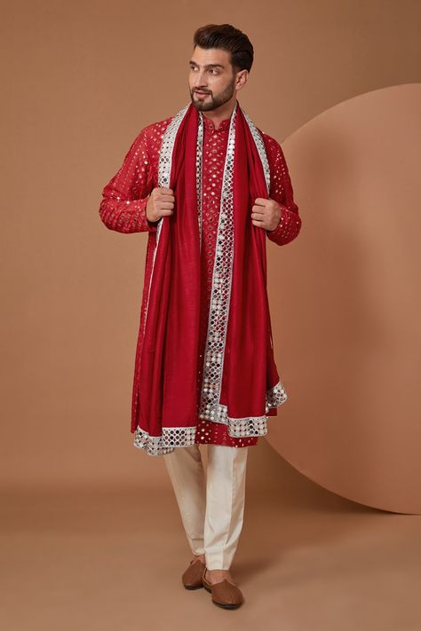 Buy Red Silk Embroidered Thread Mirrorwork Kurta With Stole For Men by Kasbah Online at Aza Fashions. Cape Organza, Mirrorwork Embroidery, Stole For Men, Isha Gupta, Waistcoat Pattern, Boys Kurta Design, Red Kurta, Organza Embroidery, Kurta Set For Men