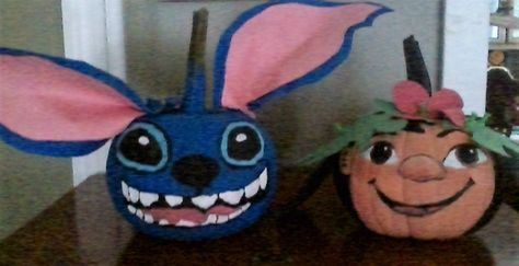 Lilo & Stitch pumpkins I painted. Lilo And Stitch Pumpkins, Lilo Pumpkin Painting, Lilo And Stitch Pumpkin Painting, Lilo And Stitch Trunk Or Treat, Stitch Pumpkin Painting, Lilo And Stitch Pumpkin, Halloween Beach, Book Character Pumpkins, Stitch Pumpkin