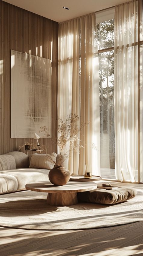 Interior Design Natural Light, Japandi Drapes, Japandi Living Room Curtain, Japandi Style Curtains, Neutral Sheer Curtains, Soft Wood Texture, Japandi Blinds, Japandi Curtain Ideas, Natural Light Interior Design