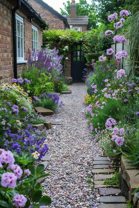 Front Yard English Garden, English Garden Design Ideas, Small English Garden, English Garden Ideas, Garden Ideas Uk, English Garden Design, Narrow Garden, Side Yard Landscaping, Small Courtyard Gardens