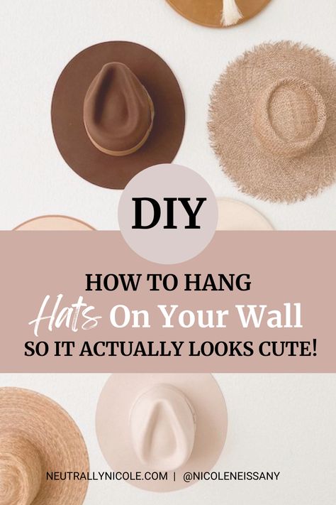 If you have boho interior home decor style and bohemian style fashion sense then this women's style and storage idea is for you. Here is a DIY hat wall for women's hats if you love boho chic wide brim fedora hats. How to display your hats on the wall in your bedroom so they look pretty with this DIY hat wall tutorial. Boho Hat Wall Decor, Hat Arrangement Wall, Hat Storage On Wall, Hats On Wall Decor Bedroom, Hanging Fedoras On Wall, Decorative Hat Wall, Sun Hat Wall Decor, Ways To Display Hats On Wall, Boho Hat Decor