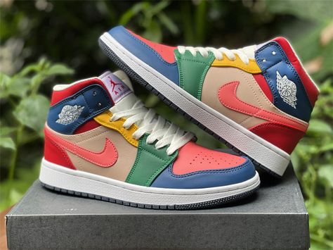 Colorful Jordans, Jordan 1 Multicolor, Jordan 1 Mid Multicolor, Customize Shoes, Air Jordan Mid, Multicolor Shoes, Nike Shoes Air Force, Cheap Jordan, Pink Toes