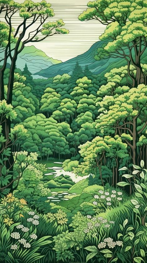 Traditional japanese spring forest vegetation outdoors woodland. | premium image by rawpixel.com / Manee Rawpixel Japanese Forest Aesthetic, Forest Line Art, Illustrated Landscape, Forest Vegetation, Iphone Spring Wallpaper, Wallpaper Japanese, Japanese Spring, Japanese Forest, Forest Drawing