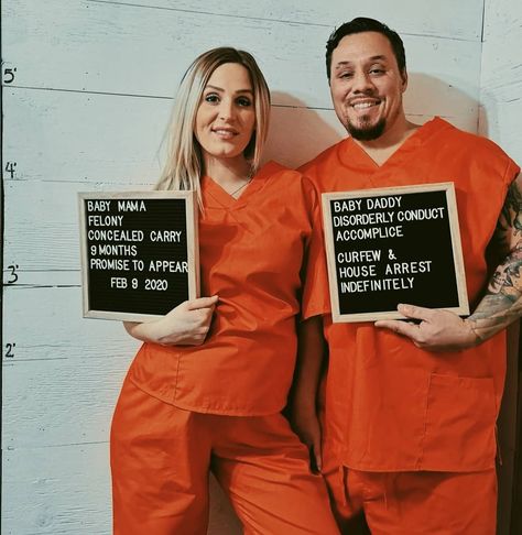 An easy DIY & fun way to celebrate your Pregnancy and halloween as a couple! Couples Costumes Pregnant Wife, Diy Inmate Costume, Early Pregnancy Halloween Costumes, Pregnancy Costumes Couples, Halloween Costumes For Pregnant Couples, Couples Pregnancy Halloween Costumes, Couple Halloween Costumes Pregnant, Pregnancy Couple Halloween Costumes, Easy Pregnant Halloween Costumes