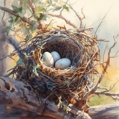 Bird Nests Art, Bird Nest Painting, Hummingbirds Photography, Nest Art, Butterfly Art Painting, Japan Painting, Watercolor Projects, Smart Art, Cottage Art