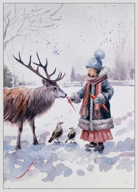 Giclée Fine Art Print. Winter Joy. Girl Feeding Reindeer. Watercolor. - Etsy Ireland Feeding Reindeer, Reindeer Watercolor, Fine Art Print, Reindeer, Print Quality, Watercolor Paintings, Fine Art Prints, Paintings, Art Print