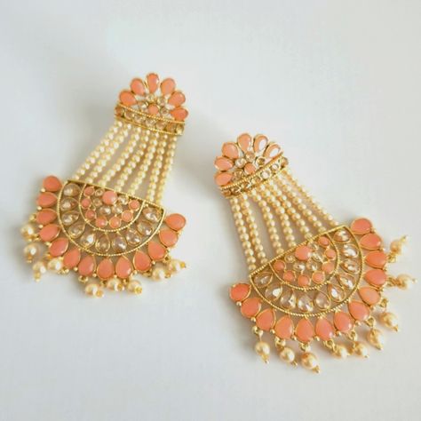 Beautiful Indian Style Earrings Peach With Pearl Indian Style Earrings, Good Earrings, Ethnic Indian Wear, Earrings In Gold, Coral Beads, Indian Style, Ethnic Jewelry, Style Earrings, Orange Gold