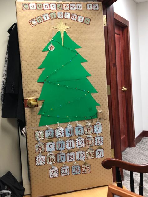 Advent Calendar Door Classroom, Christmas Door Advent Calendar, Office Advent Calendar Ideas, Giant Advent Calendar, Advent Calendar Door Decoration, Decorate Office Door For Christmas, Classroom Advent Calendar, Christmas Office Door Decorations Ideas, Office Christmas Door Contest