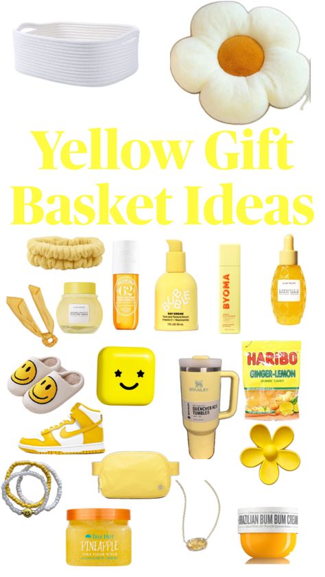 The perfect gift basket for a preppy girl who likes yellow Yellow Gift Basket Ideas, Yellow Gift Basket, Yellow Gifts Basket, Orange Gift Basket, Welcome Home Basket, Summer Gift Baskets, Making A Gift Basket, Easy Birthday Gifts, Perfect Gift Basket