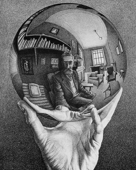 retro and sci-fi art on Instagram: ““Hand with Reflecting Sphere” also known as “Self-Portrait in Spherical Mirror” is a lithograph by Dutch artist M. C. Escher (1898-1972),…” Escher Hands, Spherical Mirror, Mirror Illusion, M C Escher, Drawing Hands, Mc Escher, Vintage Card, Art Contest, Dutch Artists