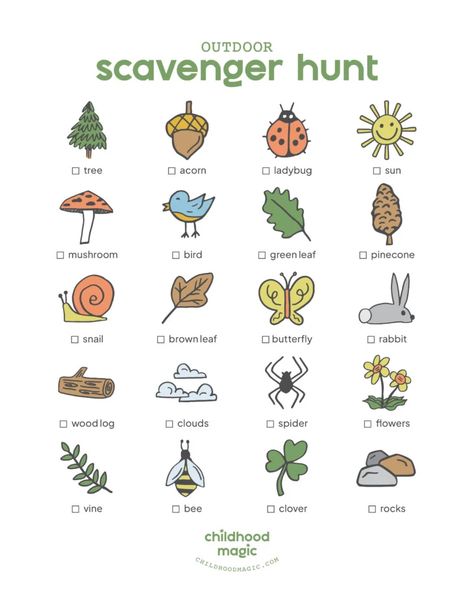 Outdoor Scavenger Hunt (Free Printable!) - Childhood Magic Outside Scavenger Hunt For Kids, Lake Scavenger Hunt For Kids, Outdoor Scavenger Hunt Ideas For Kids Free Printable, Preschool Nature Scavenger Hunt Free Printables, Printable Scavenger Hunt For Kids, Toddler Scavenger Hunt, Kids Hiking Scavenger Hunt, Free Sunday School Printables, Printable Outdoor Scavenger Hunt