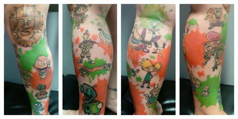 90s Nickelodeon tattoo leg 90s Nickelodeon Tattoo, Nickolodian Characters Tattoos, Nickelodeon Tattoos, 90s Baby Tattoo, 90s Tattoos, Tato Tradisional, Skeleton Hand Tattoo, Theme Tattoo, Incredible Tattoos