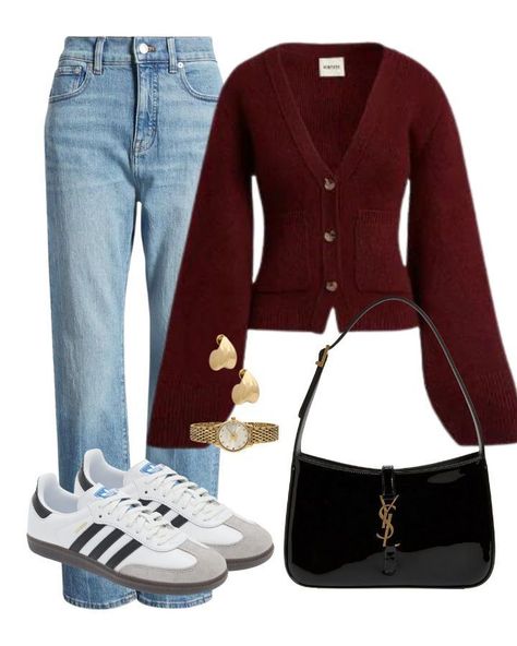 Fall Outfits With Color, Burgundy Casual Outfit, Burgundy Style Outfit, Basic Outfits For Women, Autumn Color Outfits, Burgundy Outfit Aesthetic, How To Style Cardigans, Burgundy And Black Outfit, Red Wine Outfit