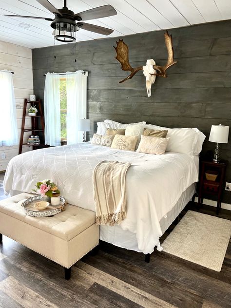 Finished rustic master bedroom with nickel gap pine walls. Stain and white wash with custom window frames. Moose mount decor. Pine Walls Cabin, Moose Mount, Stain Pine, Nickel Gap, Rustic Master, Stain On Pine, Pine Walls, Modern Cabin, Custom Windows