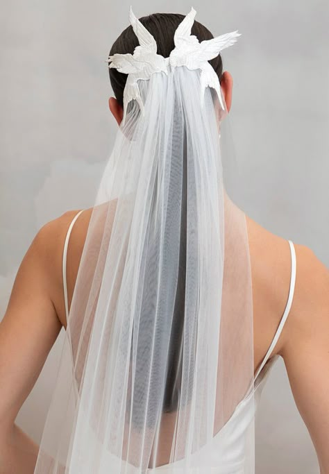 Avian Veil Cool Bridal Jewelry, Wedding Veils Unique, Draped Veil Hair Down, Veil Hairstyles Hair Down, Unique Veils Wedding, Wedding Veil Alternatives, Ethereal Veil, Wedding Veil Hair, Wedding Veil Ideas