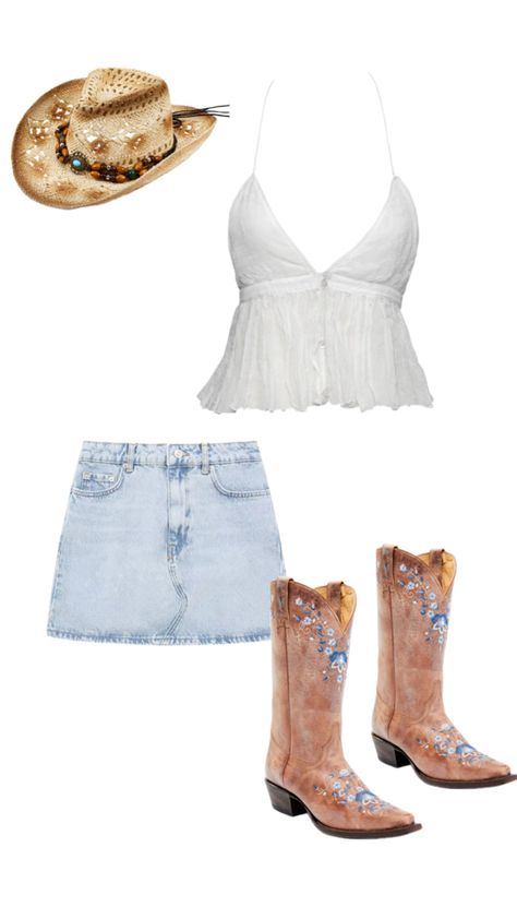 Country concert outfit summer outfit Jean skirt cowboy hat cowboy boots Tennessee south country aesthetic Brunch Nashville Outfit, White Country Concert Outfit, Country Beach Concert Outfit, Kelsey Ballerini Concert Outfit, Megan Moroney Concert Outfits Idea, Zach Bryan Concert Outfits Women, Country Concerts Outfits, Riley Green Concert Outfit, Cute Country Outfits For Concert