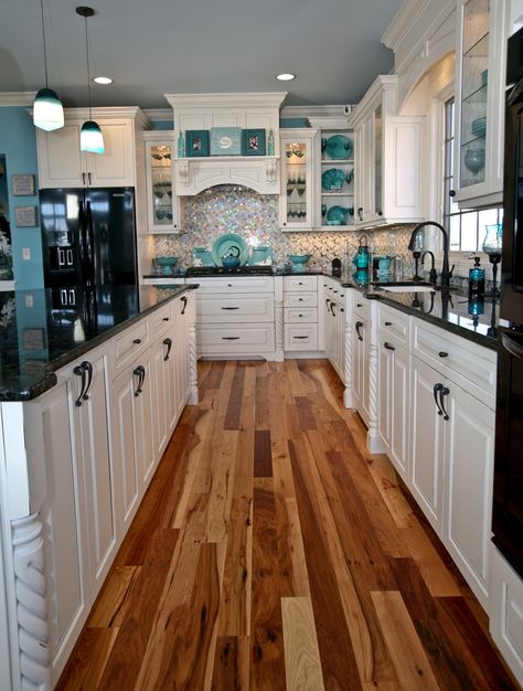 Teal Black And White Kitchen, Teal Kitchen Accents, Teal Appliances Kitchen, White And Teal Kitchen Cabinets, Teal Kitchen Aesthetic, Black White Teal Kitchen, Teal Island Kitchen, White Kitchen With Teal Accents, Kitchen With Teal Accents