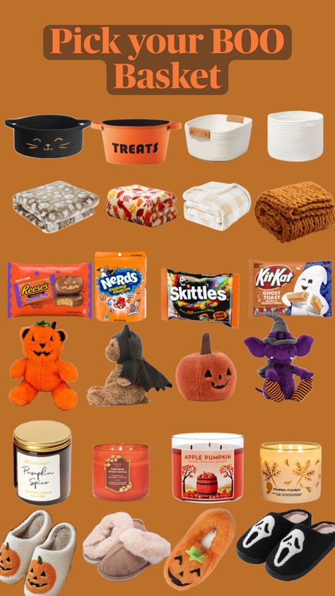 Fall Ideas For Kids, Fall Basket Ideas, Boo Bucket, Easy Gift Baskets, Cake Gift Basket, Halloween Sleepover, Fall Gift Baskets, Making A Gift Basket, Holiday Room Decor