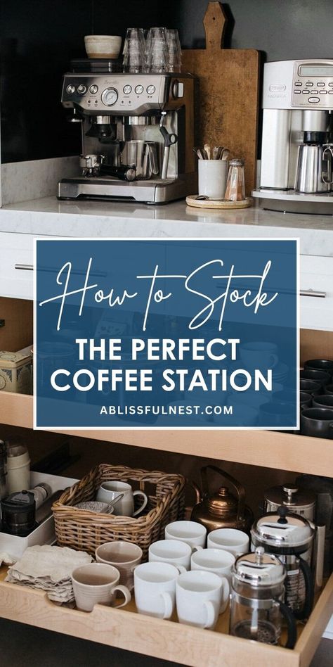 Dreaming of a dedicated coffee corner in your kitchen? Learn how to stock the perfect coffee station with all the essentials you need to brew your favorite beverages at home. Get inspired by our guide, featuring a variety of coffee makers, mugs, and storage solutions. #coffeelover #kitchenorganization #coffeebarideas Organizing Coffee Station, Pantry Coffee Station, Coffee Station Ideas Countertop, Coffee Shack, Tea Bars, Office Coffee Station, Community Cafe, Home Coffee Station, Coffee/wine Bar