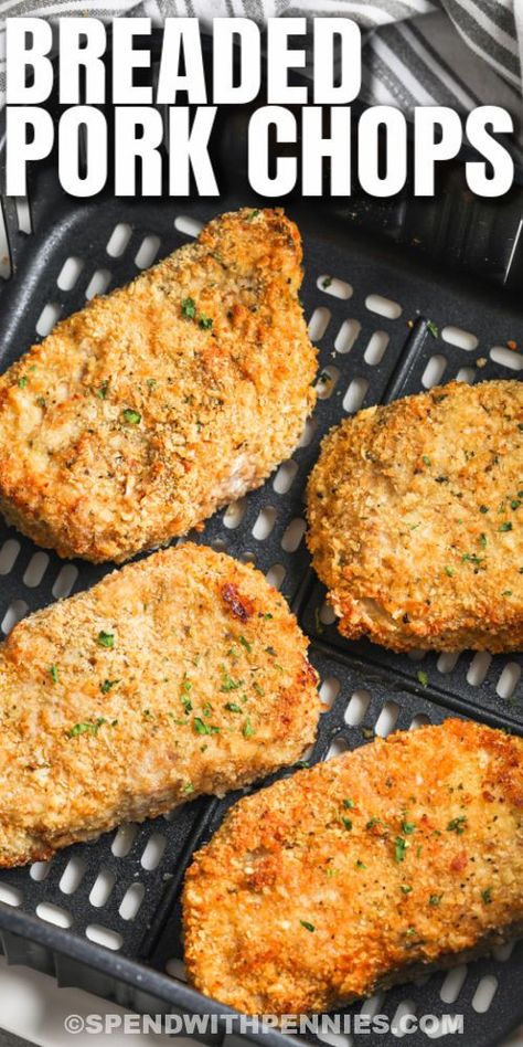 Air fryer breaded pork chops are a new twist on a classic comfort food. They’re ready in minutes and are so easy to clean up in the air fryer! #spendwithpennies #airfryerbreadedporkchops #maindish #porkchops #crispypork #airfryerporkrecipes #breadedpork #easycleanup #ninjarecipes #airfryermaindishes Air Fryer Breaded Pork Chops, Breakfast Pork Chops, Fried Boneless Pork Chops, Pork Loin Chops Recipes, Air Fry Pork Chops, Air Fryer Recipes Pork, Oven Pork Chops, Parmesan Crusted Pork Chops, Boneless Pork Chop Recipes