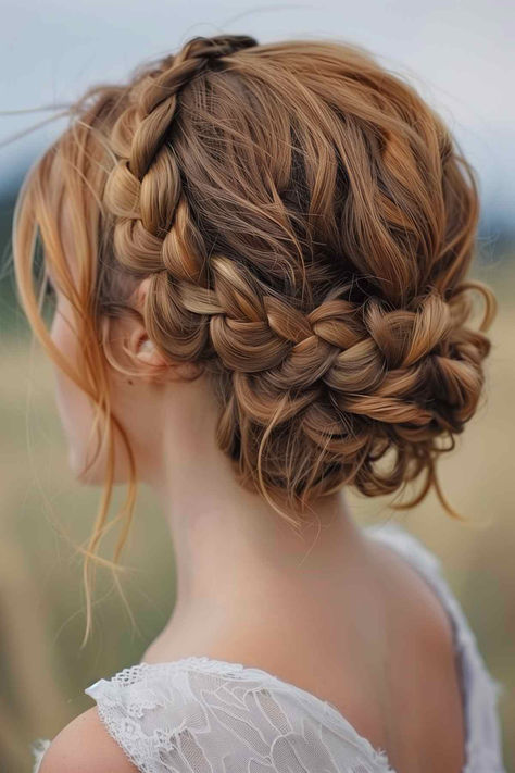 25 Best Wedding Hairstyle Ideas for Medium-Length Hair Braid Crown Bridesmaid, Irish Braids Celtic Wedding, Milkmaid Braid Wedding Hair, Wedding Hairstyles For Medium Length Curly Hair, Crown Of Braids, Braid Crown Bridal Hair, Wedding Medium Length Hairstyles, Celtic Bride Hairstyles, Wedding Updo Red Hair