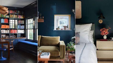 Dark Blue Playroom, Hague Blue Colour Scheme, Hague Blue Bedroom, Hague Blue Farrow And Ball, Tv Snug, Blue Room Inspiration, Dark Blue Bedroom Walls, Farrow And Ball Wallpaper, Dark Blue Paint Color