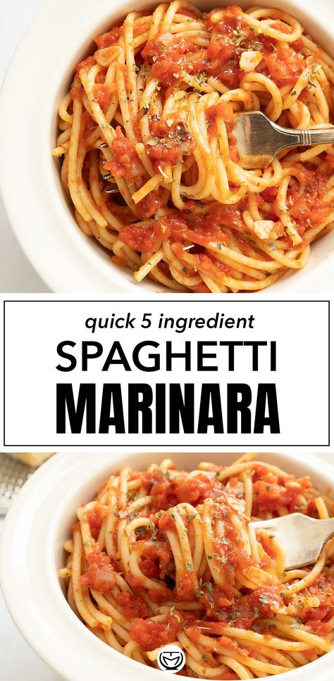 Make the most of canned tomatoes with this flavorsome marinara sauce. It requires only 5 pantry ingredients, it’s ready in 20 mins and it will turn your plain spaghetti into something good! #pastarecipes #spaghettirecipes #veganrecipes #vegandinners #vegetarianrecipes #marinarasaucehomemade #cheapdinners #quickandeasydinnerrecipes #5ingredientrecipes #Italianrecipes #easydinnerrecipes Italian Marinara Sauce, Canned Tomato Recipes, Spaghetti Marinara, Plain Spaghetti, Sauce Spaghetti, Sunday Dinners, Cheap Recipes, Canned Tomatoes, Marinara Sauce Homemade