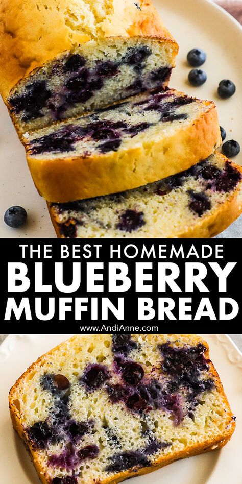 This easy blueberry muffin bread is light, fluffy and packed with flavor. This loaf is always a hit because it isn't too sweet and is still very flavorful. Made with juicy blueberries and an easy muffin-style batter, the loaf isn't too dense and has a bit of a cake texture to it. Blueberry Loaf Bread, Healthy Blueberry Bread, Easy Blueberry Bread, Blueberry Quick Bread, Blueberry Muffin Bread, Blueberry Yogurt Muffins, Loaf Bread Recipe, Blueberry Loaf Cakes, Cake Texture