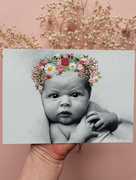 Embroidered Photography, Embroidered Photo Art, Embroidered Photographs, Stitching On Paper, New Mum Gift, Portrait Embroidery, Embroidered Photo, Paper Embroidery, Family Keepsakes