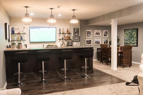 Small Basement Dining Area, Bar Ceiling Design, Basement Dining Area, Basement Color, Bar Remodel, Basement Family Rooms, Finished Basement Designs, Tv Rooms, Basement Designs