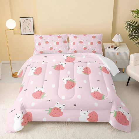 QOOMO Cartoon Bear Comforter Queen Size,Pink Strawberry Comforter Set for Kids Teens Girls,3Pcs Bedding Set Printed Comforter with 2 Pillowcases Strawberry Comforter, Bear Comforter, Bear Bed, Twin Size Comforter, Full Size Comforter, Affordable Bedding Sets, Queen Size Comforter, Print Design Pattern, Pink Strawberry