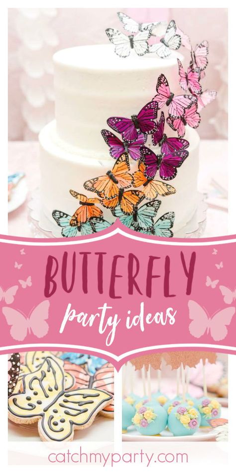 Swoon over this stunning butterfly birthday party! The cake is amazing!  See more party ideas and share yours at CatchMyParty.com #catchmyparty #partyideas #butterfly #butterflyparty #girlbirthdayparty Butterfly Party Games, Butterfly Party Food, Butterfly Themed Quinceanera, Butterfly Party Ideas, Planing Ideas, Butterfly Birthday Theme, Boho Butterfly, Butterfly Birthday Party, Pretty Butterfly