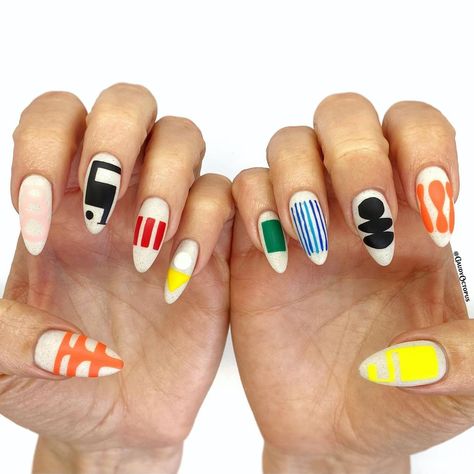 𝖛𝖆𝖑𝖔𝖗𝖎 𝖇𝖔𝖘𝖘 on Instagram: “Fun abstract cuties for Erin inspired by artwork from @juliewolfedesign 🧡 . . . #gaudyoctopusnails #handpaintednailart” Wacky Nail Art, Color Block Nail Art, Bright Abstract Nails, Cool Nail Designs For Short Nails, Nail Inspo Abstract, Graphic Nail Designs, Modern Art Nails, Art Inspired Nails, Abstract Art Nails