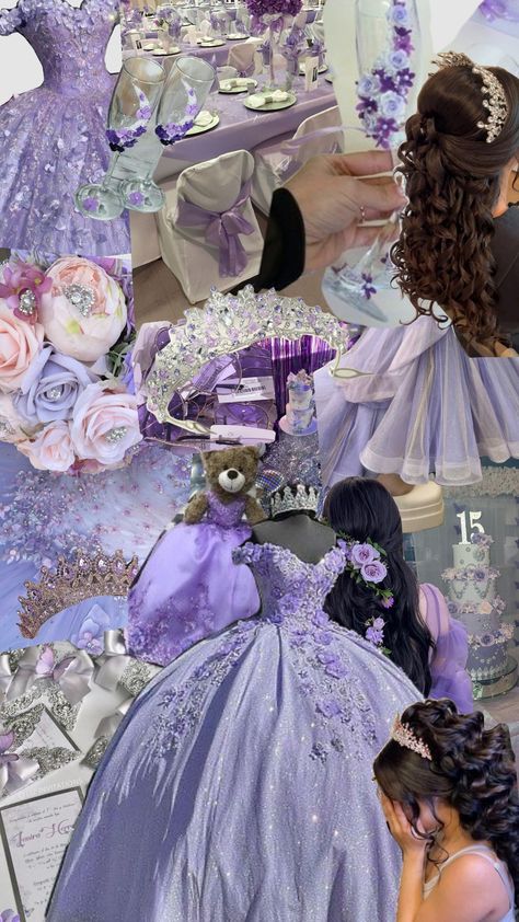 purple quince Purple Forest Quinceanera Theme, Sweet Sixteen Party Ideas Purple, Purple Themed Quinceanera, Purple Theme Quince, Purple Quince Ideas, 15 Dresses Quinceanera Purple, Purple Debut Theme, Lilac Quince, Quinceanera Purple