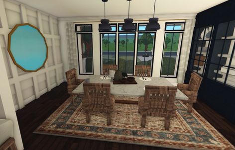 Bloxburg Dinning Rooms, Bloxburg Window, Bloxburg Hotel Ideas, Bloxburg Dining Room, Bloxburg Realistic House, Bloxburg Cafe, Bloxburg City Ideas, Bloxburg Realistic, Bloxburg Interior Ideas