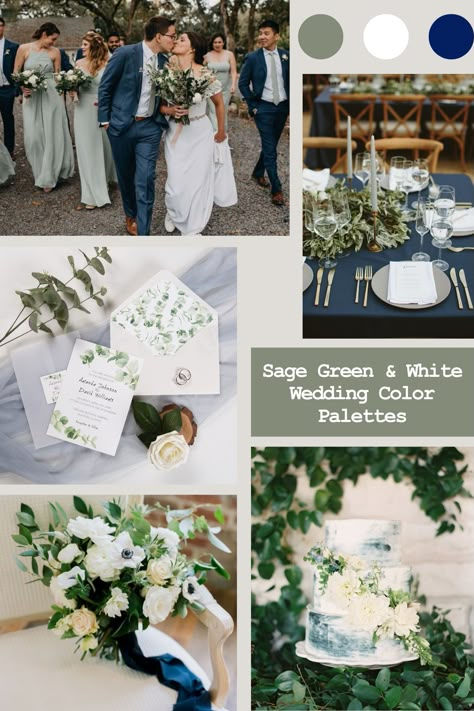 Olive And Navy Wedding Colors, White Sage Blue Color Palette, Sage And Blue Color Palette Wedding, Sage And White Wedding Theme, March Wedding Color Schemes, Olive And Navy Wedding, Navy And Eucalyptus Wedding, White Wedding Color Schemes, Sage Green Wedding Color Schemes