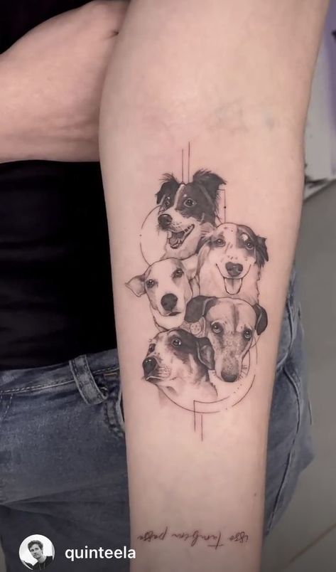 Dog Tattoo Sleeve Ideas, Dog Portraits Tattoo, Dog Thigh Tattoo, Dog Back Tattoo, 3 Dogs Tattoo, Pet Portrait Tattoo, Pet Portrait Tattoos, Pet Tattoo Ideas, Dog Portrait Tattoo