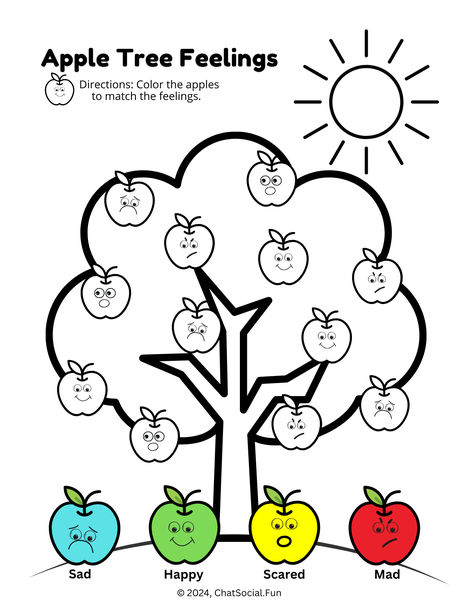 Apple Tree Feelings Free Worksheet to support emotions identifcation of sad, happy, scared, and mad.  Emotions are based on energy levels.  Color the apples in the tree to match the apples on the ground.  Great fall activity for kindergarten worksheets and fall bullentin boards.  Nice play or art therapy activity for school counseling. #feelings #kindergartenworksheets #freebies  #kindergartenactivities Fall Feelings Activities, Halloween Emotions Activity, Activity For School, Activity For Kindergarten, Thanksgiving Bulletin Boards, Friendship Skills, Bullentin Boards, Therapy Activity, Feelings Activities