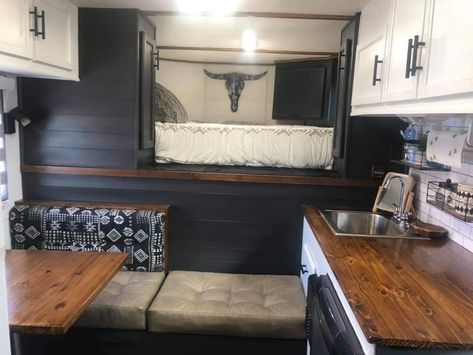 Overhead Camper Remodel, Refurbished Horse Trailer, Redone Living Quarters Horse Trailer, Western Horse Trailer Decor, Lq Horse Trailer Remodel, Western Camper Remodel Rustic, Remodeled Horse Trailer Interiors, Horse Truck Interior, Horse Trailer Remodel Living Quarters