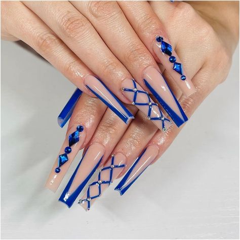 Silver Royal Blue Nails, Yellow And Royal Blue Nails, Royal Blue Almond Nails Design, Stiletto Blue Nails, Royal Blue Long Nails, Black And Royal Blue Nails, Royal Blue Stiletto Nails, Blue Nails With Diamonds, Royal Blue And Black Nails